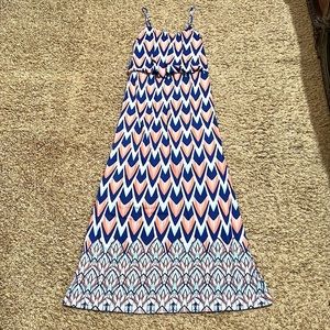 Printed Maxi Dress with Navy and Peach Chevron Pattern
